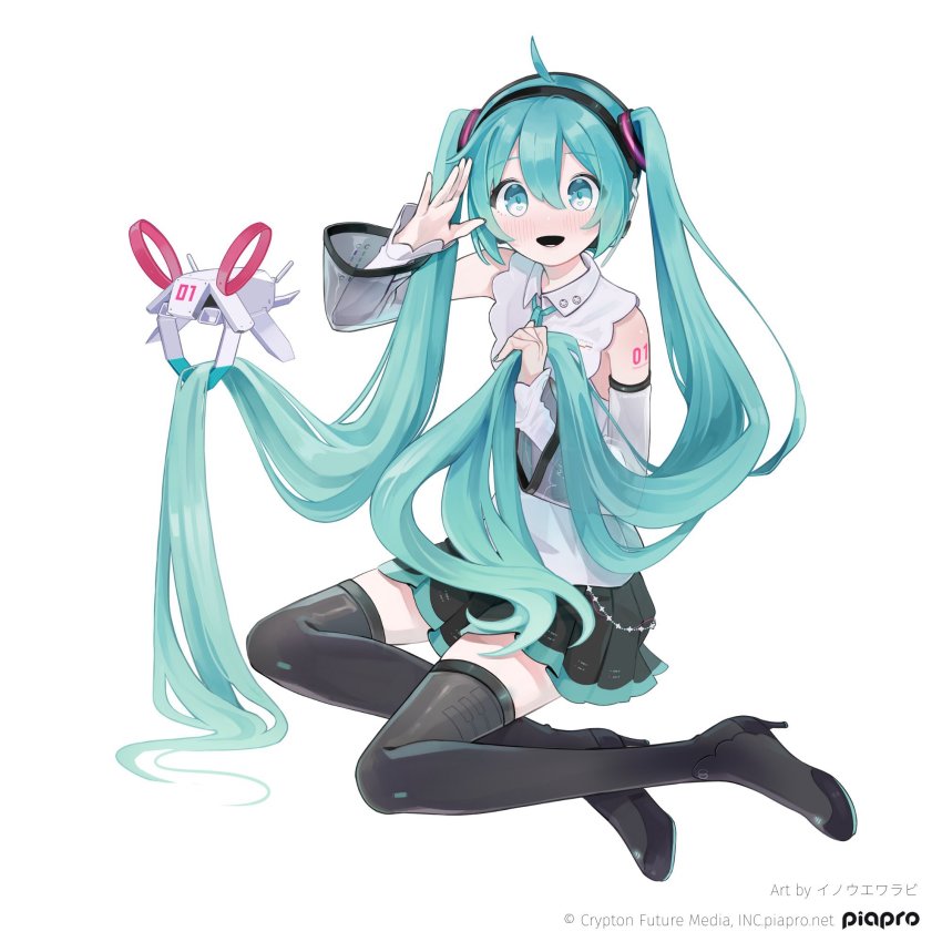 1girl, ahoge, aqua_eyes, aqua_hair, artist_name, black_boots, black_skirt, blush