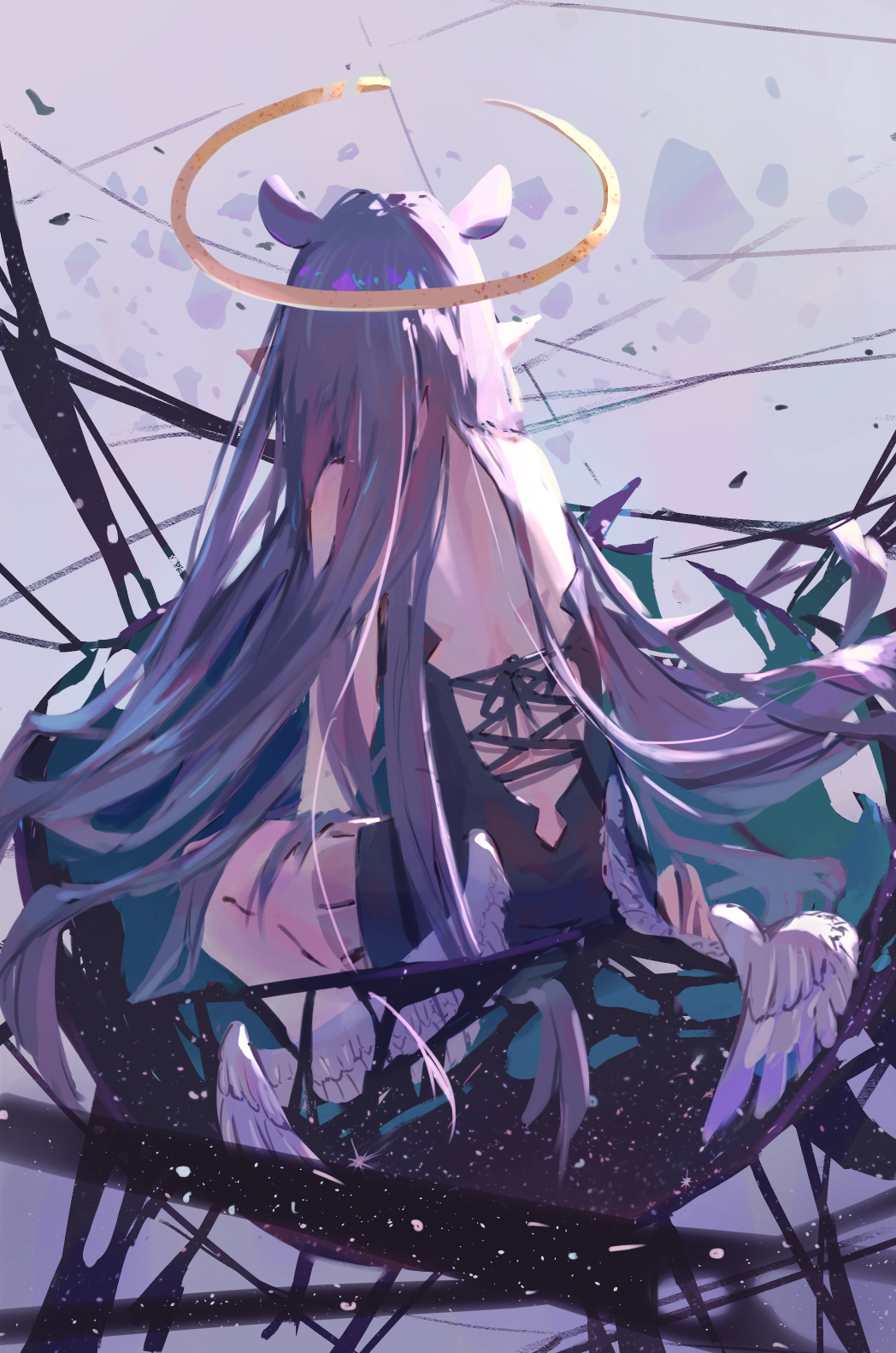 1girl, antenna_hair, back, black_dress, dress, facing_away, halo, highres, hololive, hololive_english, holomyth, jiao_(assppp655), kneeling, long_hair, ninomae_ina'nis, ninomae_ina'nis_(1st_costume), pointy_ears, purple_hair, solo, virtual_youtuber