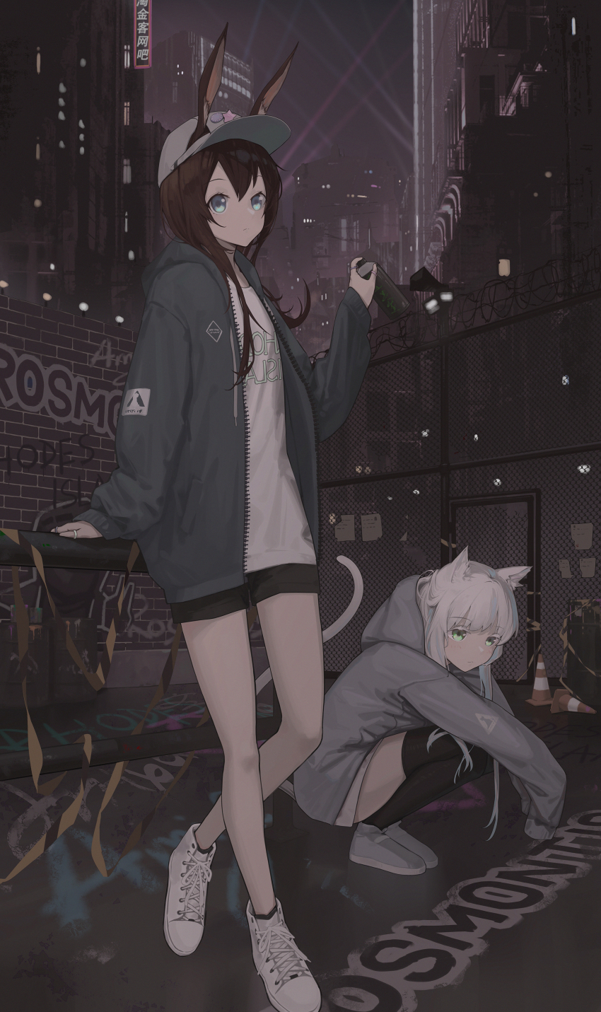 2girls, absurdres, alternate_costume, amiya_(arknights), animal_ears, arknights, baseball_cap, black_jacket