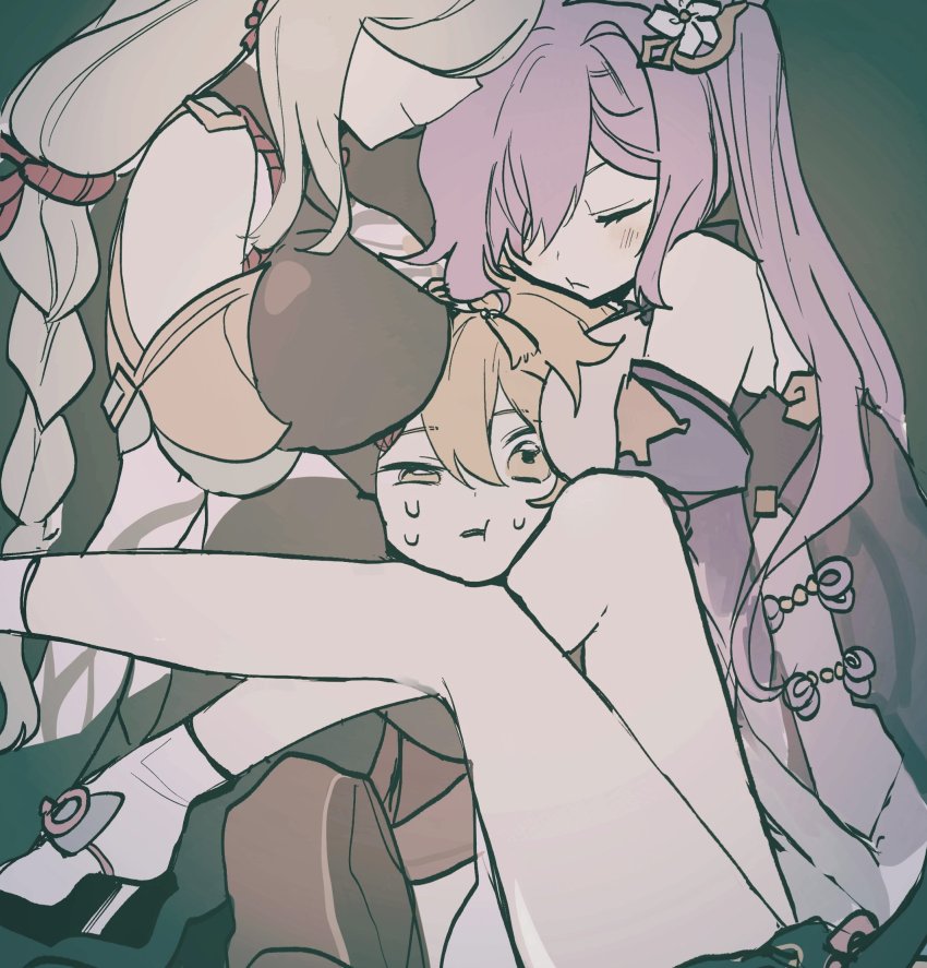1boy, 2girls, 5rwpvc, :t, aether_(genshin_impact), between_breasts, black_bodysuit, blonde_hair, bodysuit, braid, breasts, closed_eyes, closed_mouth, commentary_request, detached_sleeves, dress, genshin_impact, girl_sandwich, grey_hair, hair_between_eyes, hair_ornament, hair_over_one_eye, head_between_breasts, highres, keqing_(genshin_impact), korean_commentary, large_breasts, legs, long_hair, low-braided_long_hair, low-tied_long_hair, multiple_girls, purple_hair, sandwiched, shenhe_(genshin_impact), simple_background, sweat, twintails, very_long_hair, yellow_eyes