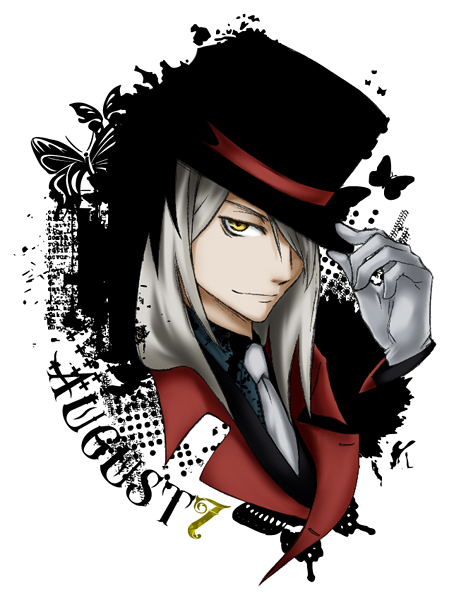 august_7, coat, darker_than_black, formal_clothes, hat, male_focus, silver_hair, solo