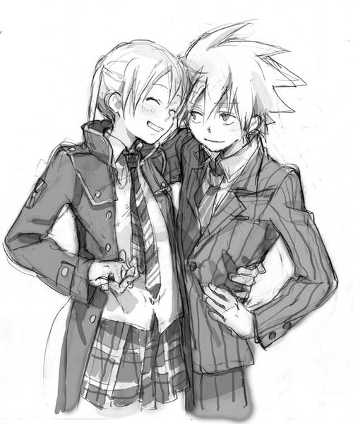 00s, 1boy, 1girl, greyscale, hetero, hug, kiikanna, maka_albarn
