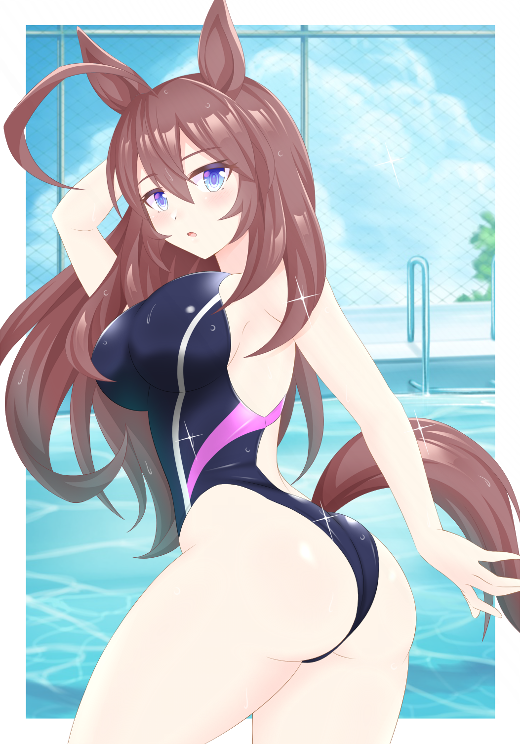 1girl, ahoge, animal_ears, ass, black_one-piece_swimsuit, blue_eyes, brown_hair, competition_swimsuit