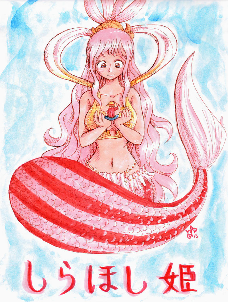 1boy, 1girl, bare_arms, bare_shoulders, blue_background, blue_eyes, breasts, cleavage, giant, giantess, large_breasts, long_hair, looking_at_another, meriimerodii, mermaid, midriff, monkey_d._luffy, monster_girl, narrow_waist, navel, nose, one_piece, pink_hair, ponytail, shirahoshi, size_difference, tareme, very_long_hair