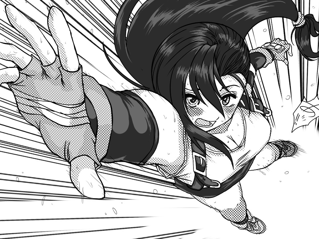 1990s_(style), 1girl, breasts, cleavage, female_focus, final_fantasy, final_fantasy_vii, fingerless_gloves