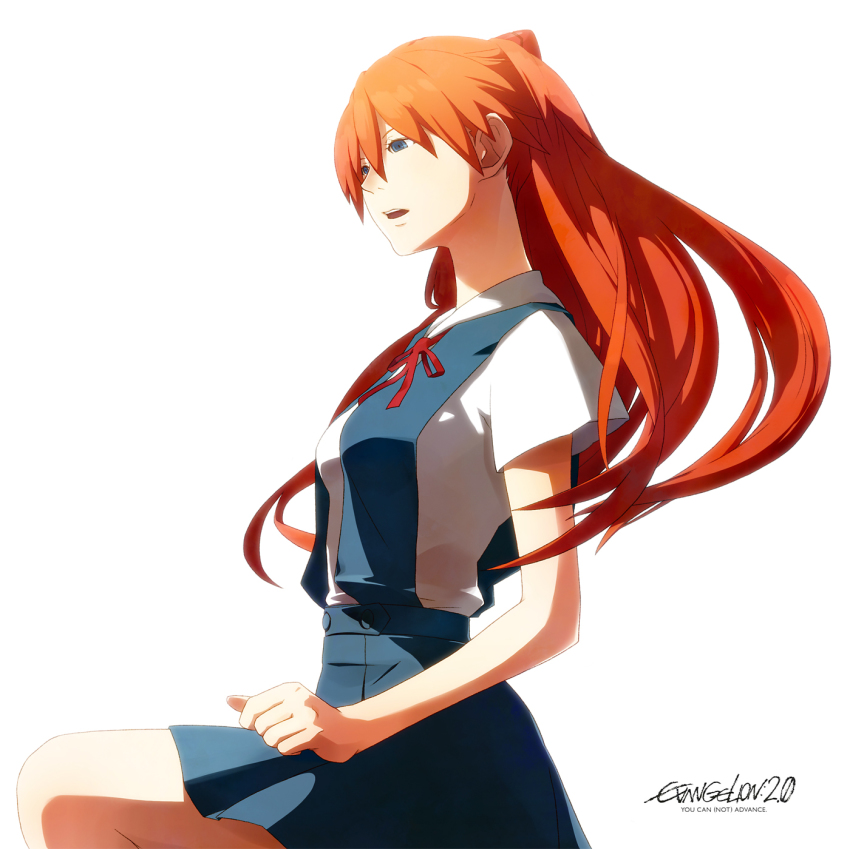 00s, 1girl, akihiro_(a2), blue_eyes, evangelion:_2.0_you_can_(not)_advance, female_focus, highres, long_hair, neon_genesis_evangelion, open_mouth, orange_hair, rebuild_of_evangelion, ribbon, school_uniform, solo, souryuu_asuka_langley, white_background