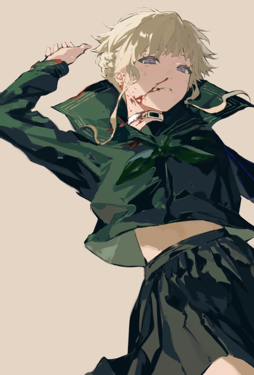 1girl, blonde_hair, blood, blue_eyes, collar, euphoria_(clockup), highres, lying, manaka_nemu, nosebleed, on_back, parted_lips, pleated_skirt, sailor_collar, school_uniform, sidelocks, simple_background, skirt, solo, tuzaixia