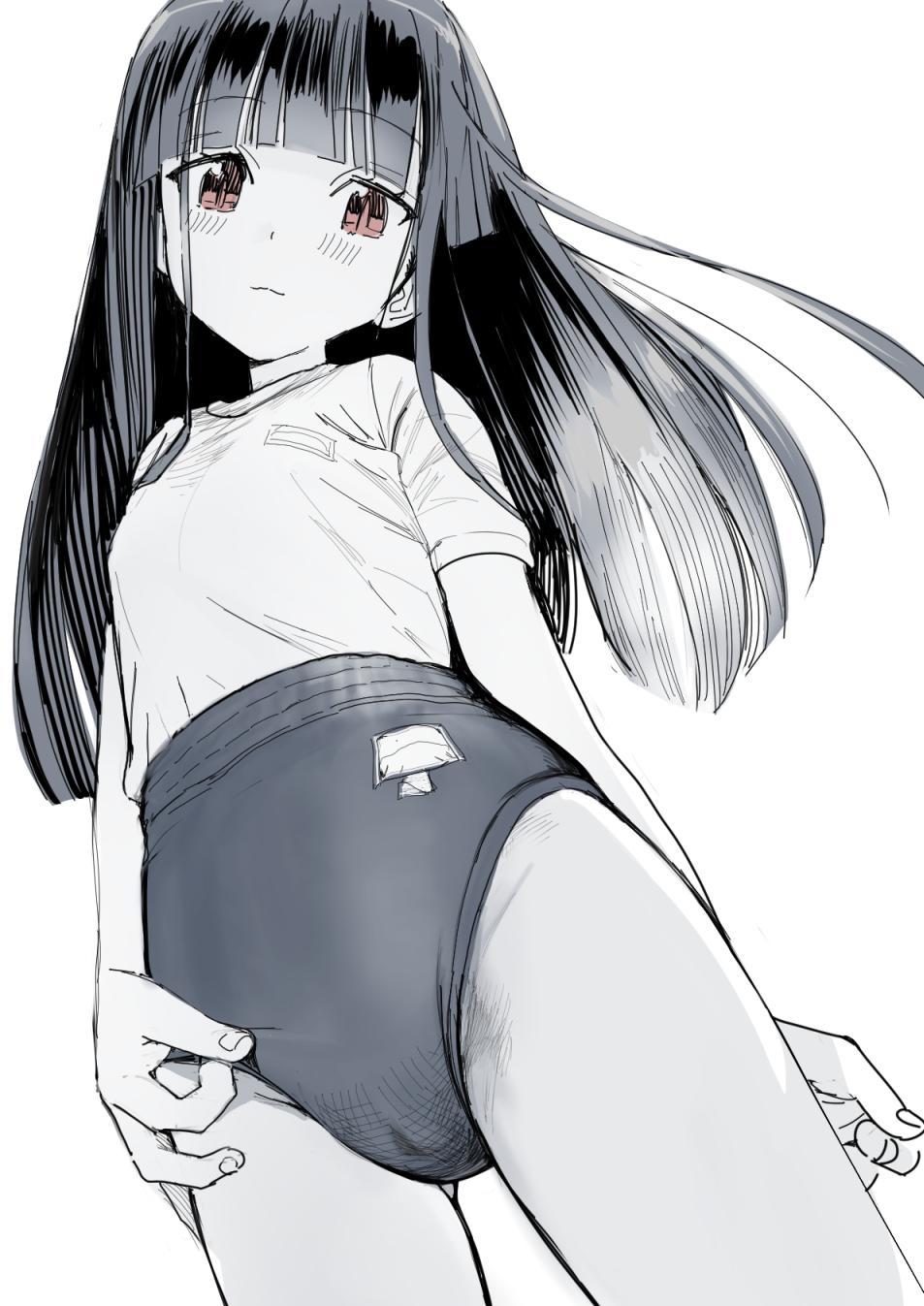 1girl, blunt_bangs, brown_eyes, buruma, from_below, greyscale, highres, idolmaster