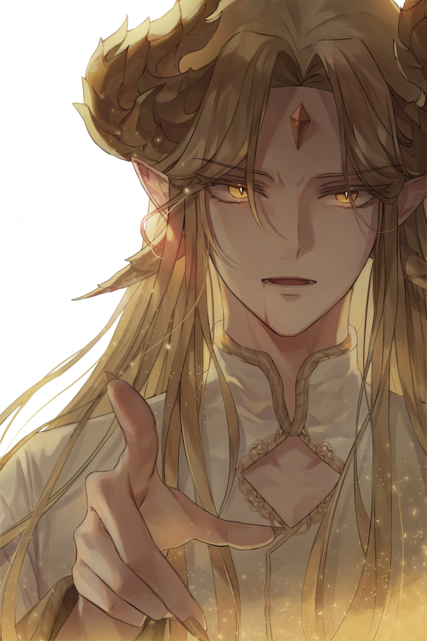 1boy, angry, blonde_hair, blood, blood_from_mouth, colored_eyelashes, dragon_boy, dragon_horns