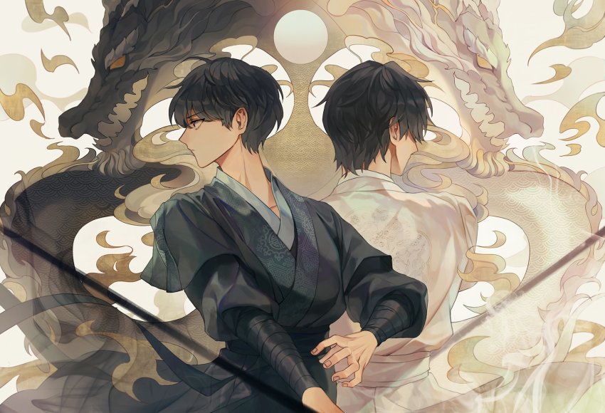 2boys, arm_wrap, black_eyes, black_hair, black_robe, chinese_clothes, choi_han, concentrating