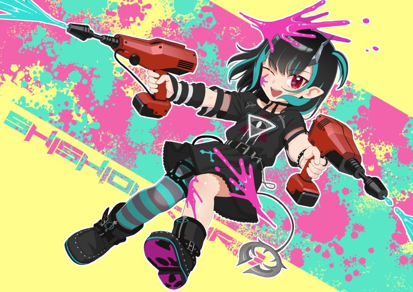 1girl, belt, black_belt, black_dress, black_footwear, black_hair, blue_background, blue_hair, blue_thighhighs, buren, character_name, commentary_request, demon_girl, demon_horns, demon_tail, dress, dual_wielding, dualie_squelchers_(splatoon), eye_of_providence, flat_chest, full_body, grey_thighhighs, highres, holding, horns, looking_at_viewer, medium_hair, multicolored_hair, nanashi_inc., nintendo, official_alternate_costume, one_eye_closed, one_side_up, open_mouth, paint, paint_splatter, pink_background, pointy_ears, red_eyes, shishio_chris, shishio_chris_(3rd_costume), single_thighhigh, smile, solo, splatoon_(series), splatoon_3, tail, thighhighs, two-tone_hair, virtual_youtuber, yellow_background