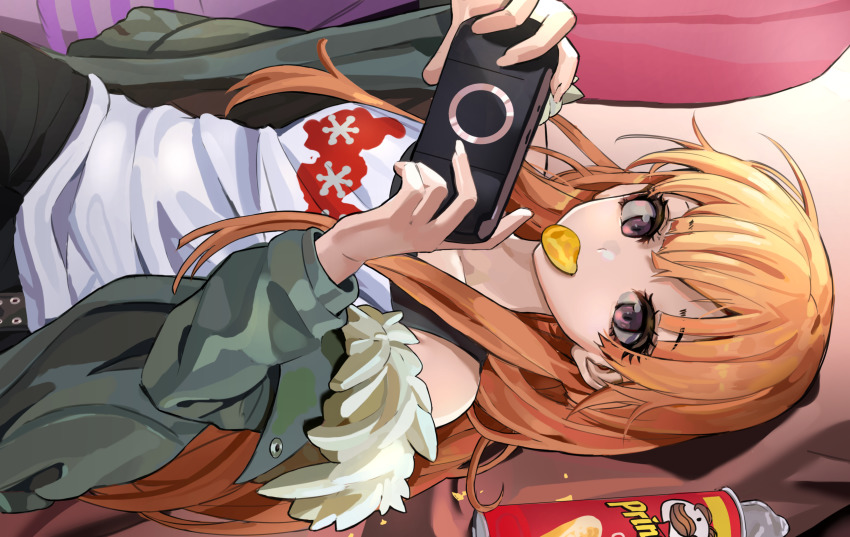 1girl, absurdres, blunt_bangs, cappu, chips_(food), crumbs, food, food_in_mouth