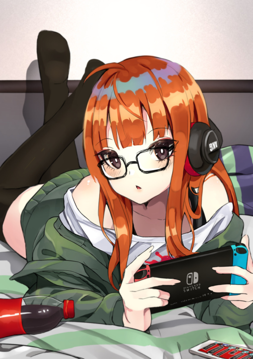1girl, absurdres, ahoge, bed_sheet, black_thighhighs, blunt_bangs, bottle, brown_eyes, cappu, cellphone, chestnut_mouth, feet_up, glasses, green_jacket, handheld_game_console, headphones, highres, holding, holding_handheld_game_console, jacket, long_hair, looking_at_viewer, lying, nintendo_switch, no_shoes, off-shoulder_shirt, off_shoulder, on_stomach, orange_hair, parted_lips, persona, persona_5, phone, sakura_futaba, shirt, smartphone, soda_bottle, soles, solo, the_pose, thighhighs