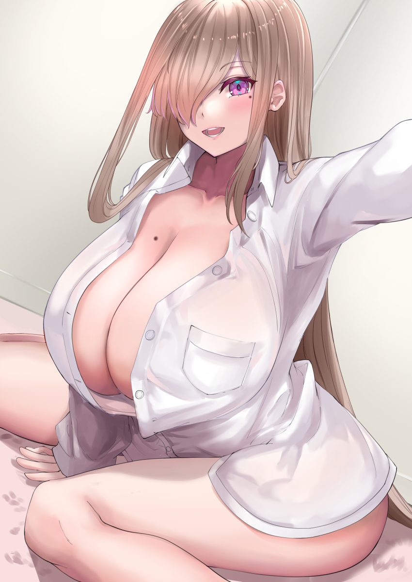 1girl, absurdres, amemiya_arikapu, breasts, cleavage, collared_shirt, commentary_request, hair_over_one_eye