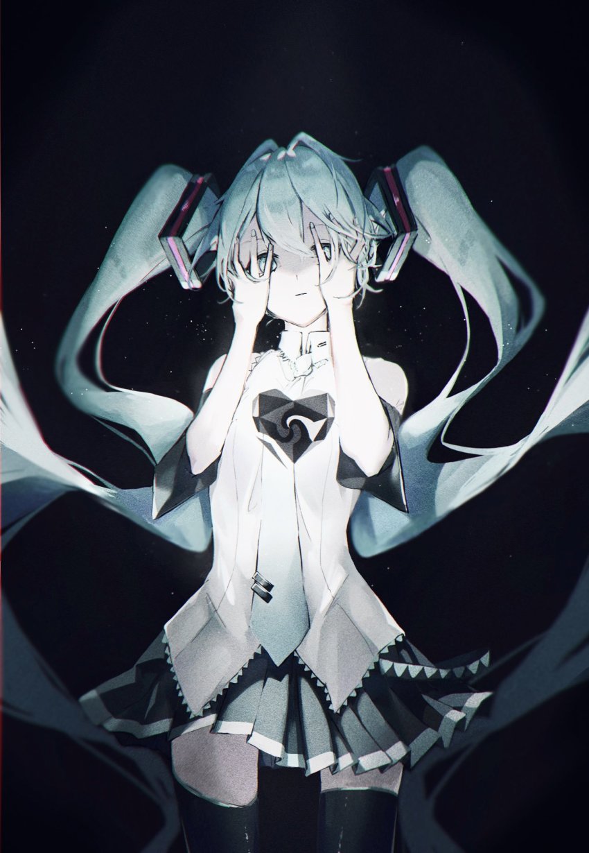 1girl, :|, aqua_eyes, aqua_hair, aqua_nails, aqua_necktie, black_background, black_sleeves, closed_mouth, collared_shirt, covering_own_eyes, detached_sleeves, floating_hair, glowing_heart, grey_shirt, hair_between_eyes, hair_intakes, hair_ornament, hands_on_own_face, hatsune_miku, high_contrast, highres, limited_palette, long_hair, nail_polish, necktie, number_tattoo, pleated_skirt, saksak_mocchiri, shirt, skirt, sleeveless, sleeveless_shirt, solo, standing, tattoo, thighhighs, tie_clip, twintails, unknown_mother_goose_(vocaloid), very_long_hair, vocaloid, wowaka