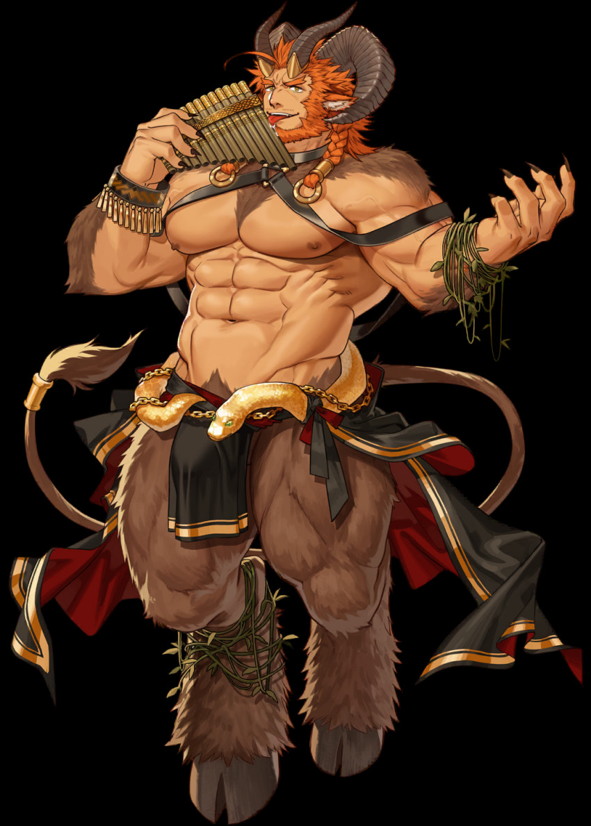 1boy, abs, animal_ears, another_eidos-r, azmond_(another_eidos), bara, beard, biceps, body_fur, braid, brown_fur, bulge, chest_harness, clothes_around_waist, curled_horns, facial_hair, fingernails, flute, fork, full_body, goat_boy, goat_ears, goat_horns, goat_tail, gomtang, harness, highres, holding, holding_instrument, horns, instrument, large_bulge, large_pectorals, licking_object, long_hair, looking_at_viewer, male_focus, male_pubic_hair, mature_male, monster_boy, muscular, muscular_male, mustache, navel, nipples, non-web_source, official_art, open_hand, orange_hair, pectorals, pelvic_curtain, plant, pubic_hair, pubic_hair_peek, saliva, satyr, seductive_smile, sharp_fingernails, single_braid, smile, snake, solo, stomach, tail, tail_raised, thick_eyebrows, thick_thighs, thighs, tongue, tongue_out, topless_male, vines