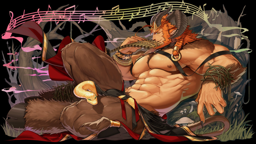 1boy, abs, animal_ears, another_eidos-r, azmond_(another_eidos), bara, beard, biceps, body_fur, braid, brown_fur, bulge, chest_harness, clothes_around_waist, clothes_lift, curled_horns, facial_hair, fingernails, flute, forest, fork, from_side, goat_boy, goat_ears, goat_horns, goat_tail, gomtang, harness, holding, holding_instrument, horns, instrument, knee_up, large_hands, magic, male_focus, male_pubic_hair, mature_male, monster_boy, multiple_horns, muscular, muscular_arms, muscular_legs, muscular_male, musical_note, mustache, nature, navel, non-web_source, official_art, orange_hair, pectorals, pelvic_curtain, pelvic_curtain_lift, plant, pubic_hair, pubic_hair_peek, satyr, sharp_fingernails, short_hair, single_braid, snake, solo, stomach, tail, thick_eyebrows, thighs, topless_male, veins, veiny_arms, vines
