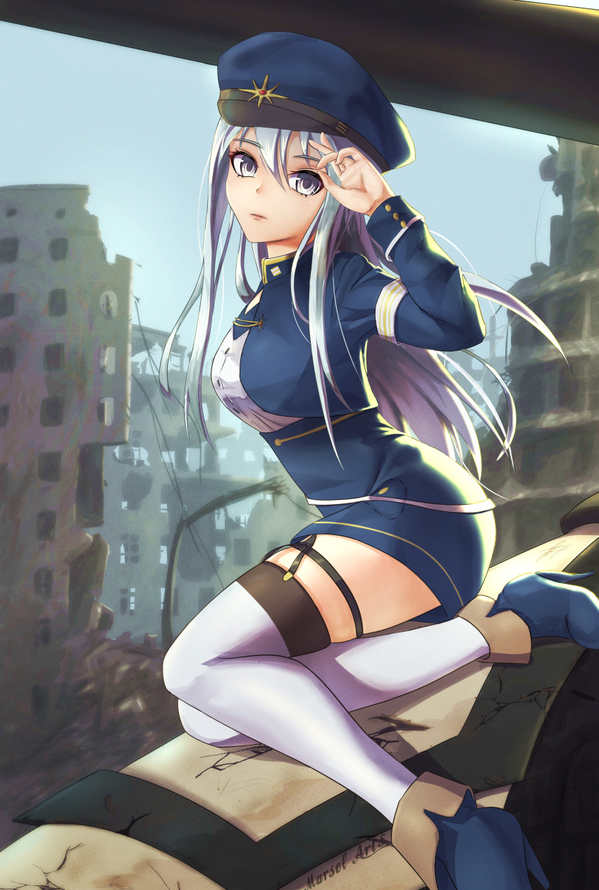 1girl, 86_-eightysix-, absurdres, ankle_boots, arm_up, blue_hat, blue_jacket, blue_skirt