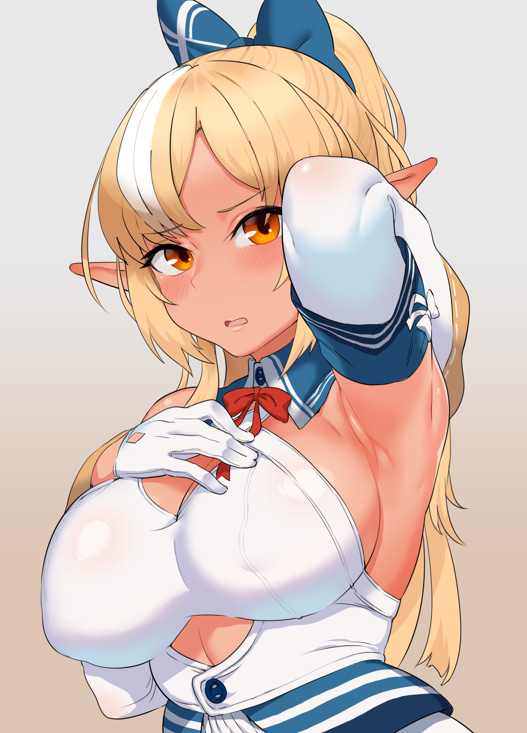 1girl, armpits, blonde_hair, blush, bow, breasts, cleavage, dark-skinned_female, dark_skin, detached_sleeves, elf, gloves, hair_bow, high_ponytail, highres, hololive, jun_tsugumi, large_breasts, long_hair, looking_at_viewer, multicolored_hair, orange_eyes, pointy_ears, ponytail, presenting_armpit, shiranui_flare, shiranui_flare_(1st_costume), sideboob, solo, streaked_hair, upper_body, virtual_youtuber, white_gloves, white_hair