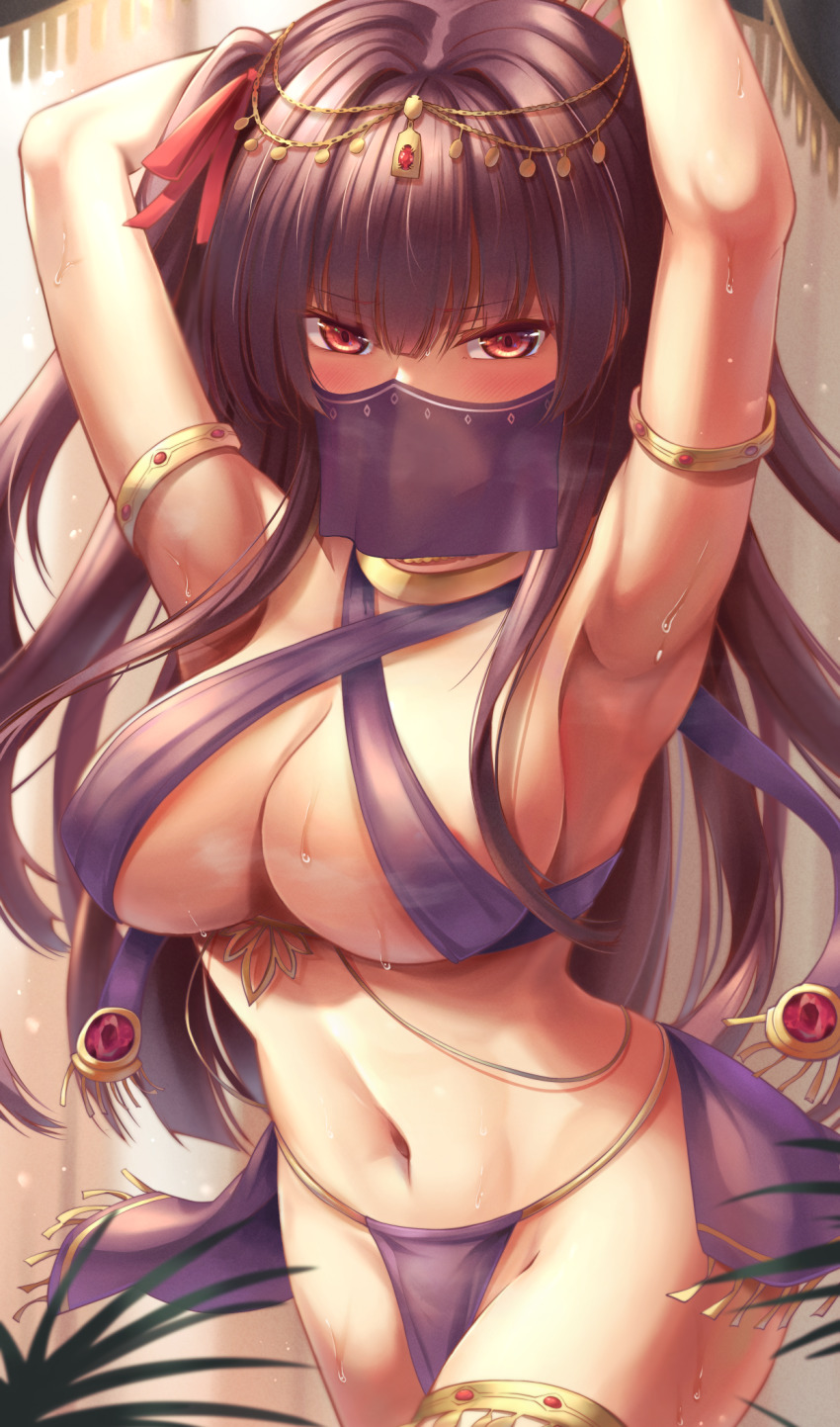 1girl, alternate_costume, armpits, arms_behind_head, bare_shoulders, belly_dancing, bikini, blush, bracer, breasts, cleavage, dancer, feet_out_of_frame, girls'_frontline, hair_ornament, hair_ribbon, highres, jewelry, large_breasts, leaning_forward, long_hair, looking_at_viewer, mouth_veil, navel, necklace, presenting_armpit, purple_bikini, purple_hair, red_eyes, ribbon, side_ponytail, solo, standing, stomach, sweat, sweatdrop, swimsuit, veil, wa2000_(girls'_frontline), xlscaler