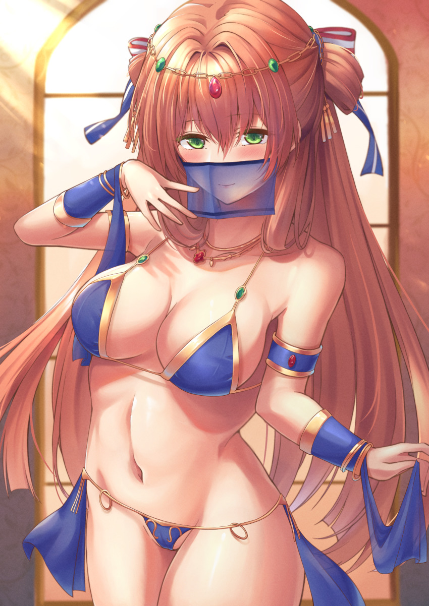 1girl, alternate_costume, arm_up, bare_shoulders, belly_dancer, belly_dancing, bikini, blue_bikini