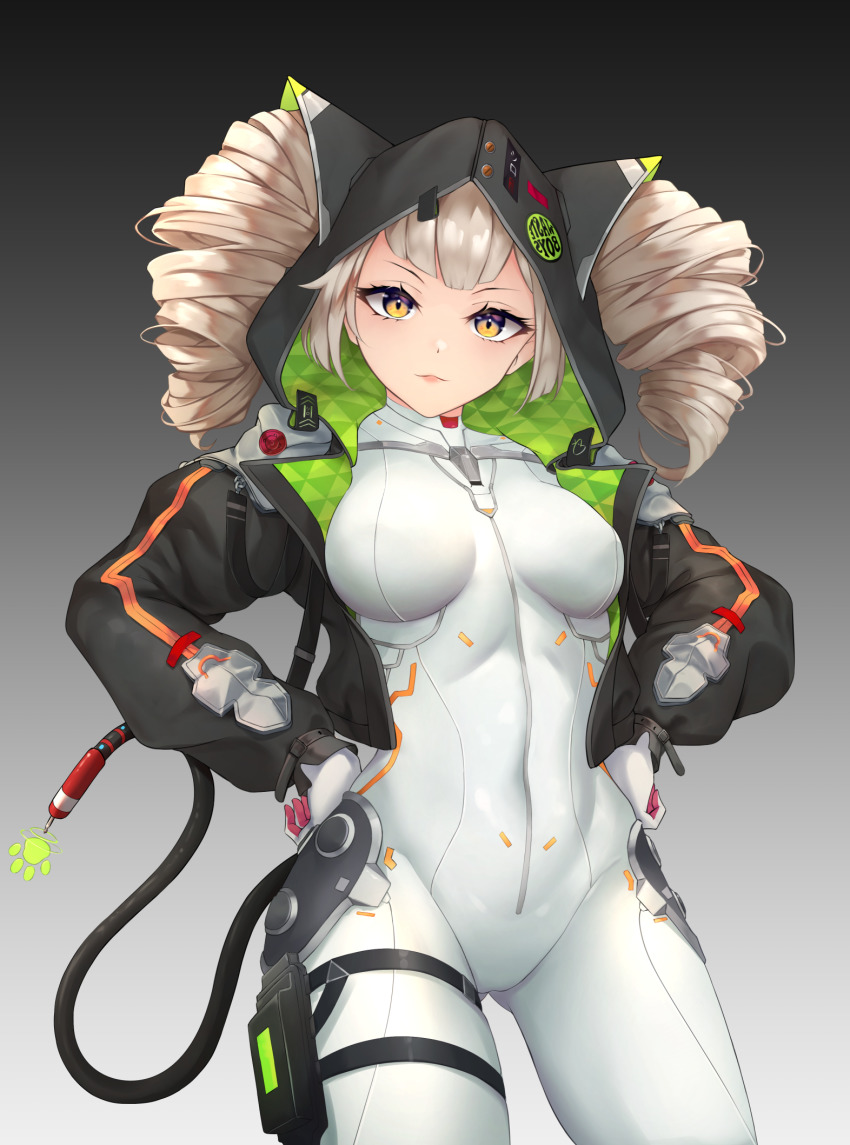 1girl, audio_jack, blonde_hair, bodysuit, breadthree, breasts, cable, covered_navel, drill_hair, fake_tail, hand_on_own_hip, highres, hood, hooded_jacket, jacket, looking_at_viewer, medium_breasts, medium_hair, shiro_(tower_of_fantasy), simple_background, smile, standing, tail, thigh_strap, tower_of_fantasy, twin_drills, white_bodysuit, yellow_eyes
