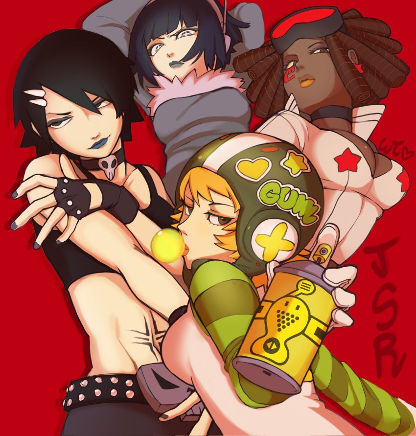 4girls, arms_up, bis_(jsr), black_hair, blonde_hair, blue_hair, breasts, brown_hair