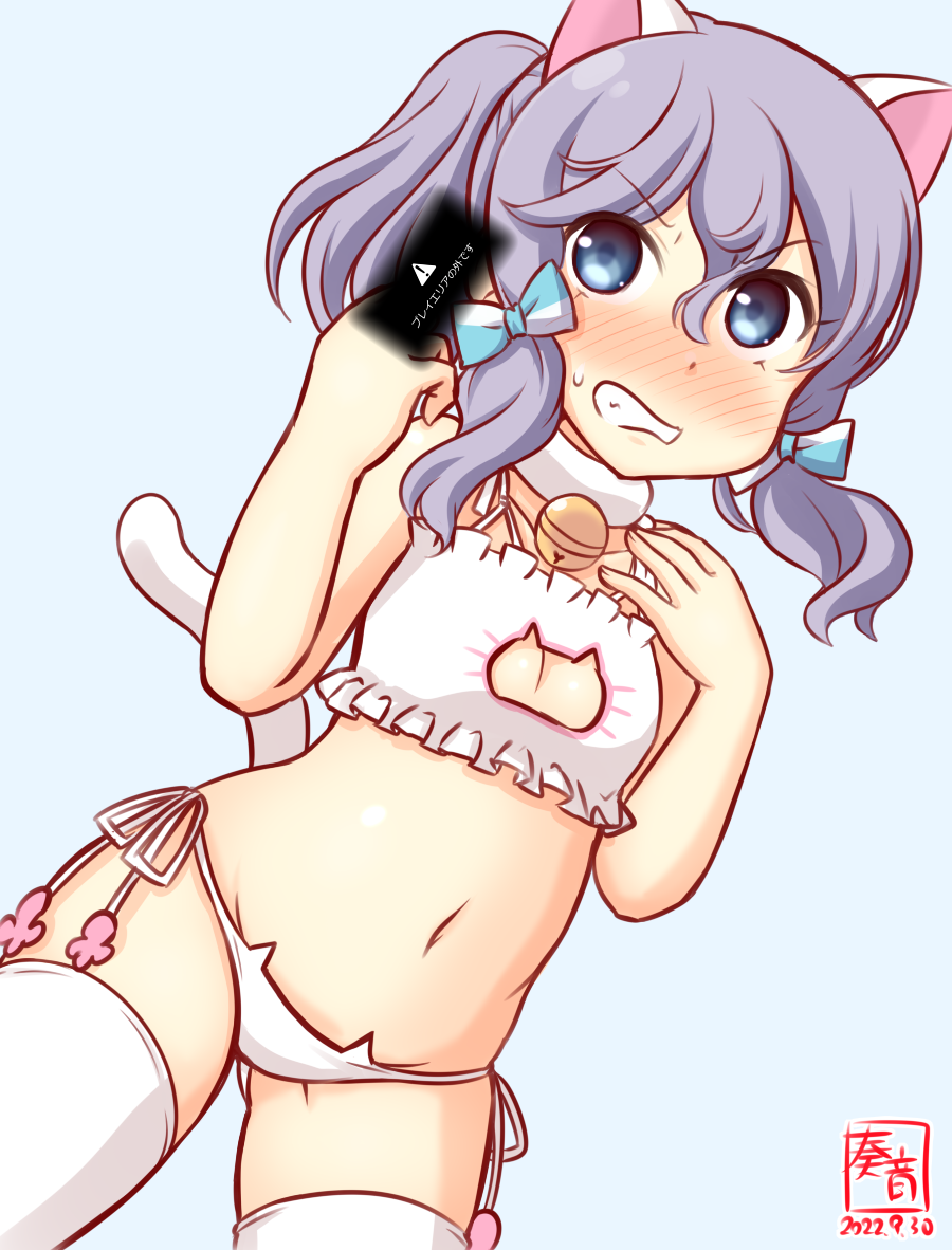 1girl, alternate_costume, angry, animal_ears, artist_logo, blue_background, blue_eyes, blush