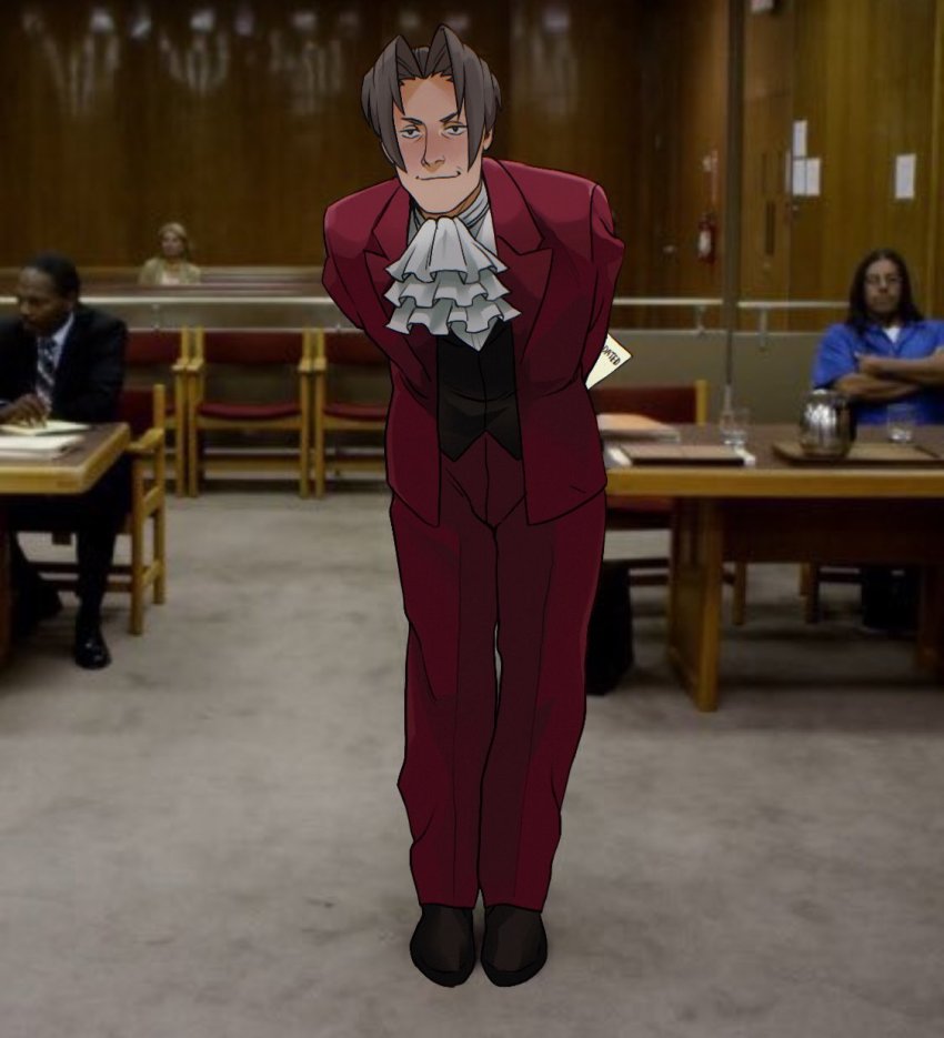 1girl, 3boys, ace_attorney, arms_behind_back, ascot, black_vest, brown_hair, formal_clothes, full_body, highres, holding, holding_paper, indoors, karina_mata, leaning_forward, long_sleeves, looking_at_viewer, male_focus, meme, miles_edgeworth, multiple_boys, pants, paper, parody_request, parted_bangs, photo_background, red_pants, red_suit, shoes, short_hair, smile, smug, solo_focus, suit, vest