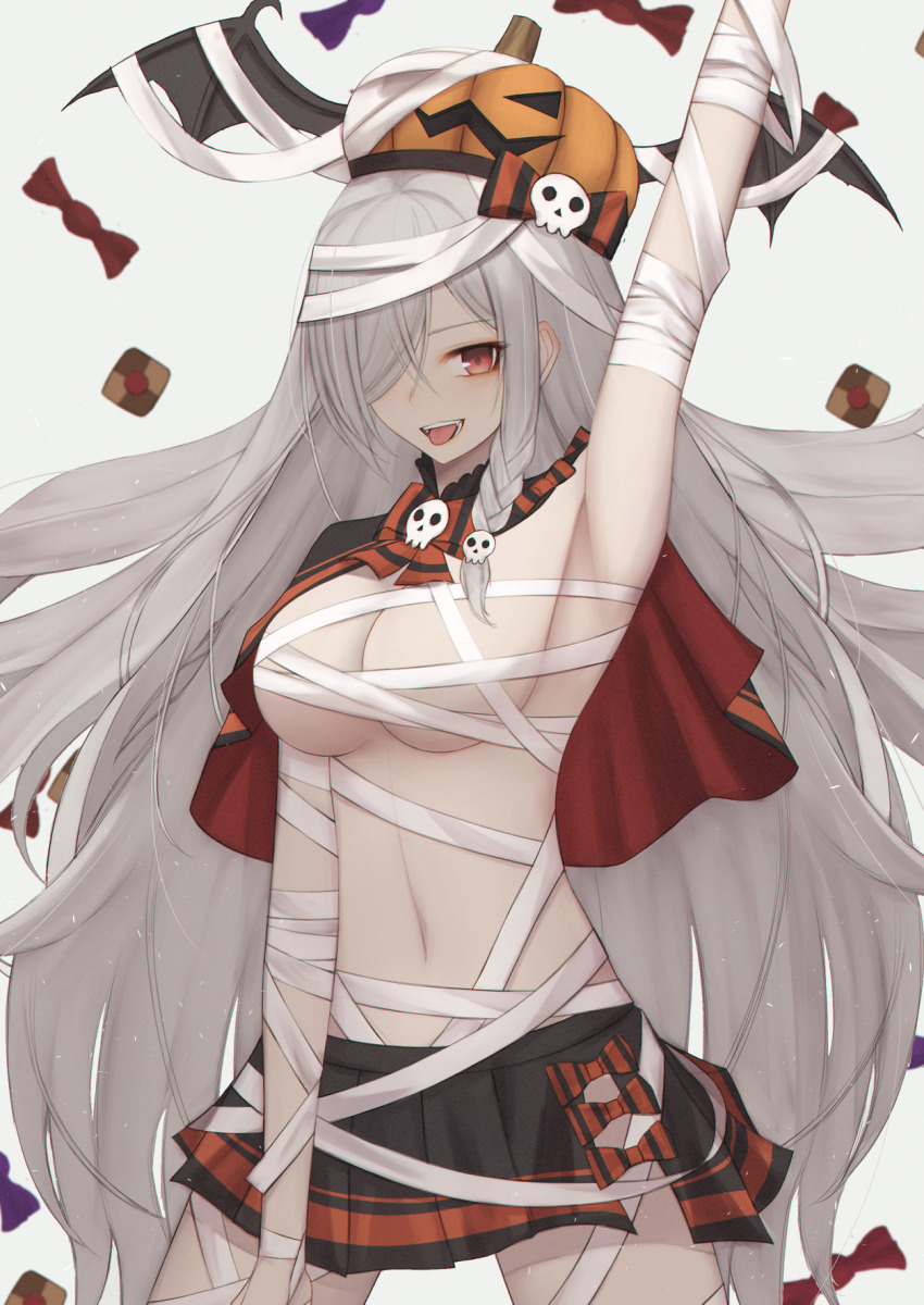 1girl, armpits, bandaged_arm, bandaged_chest, bandaged_head, bandaged_leg, bandages, black_skirt