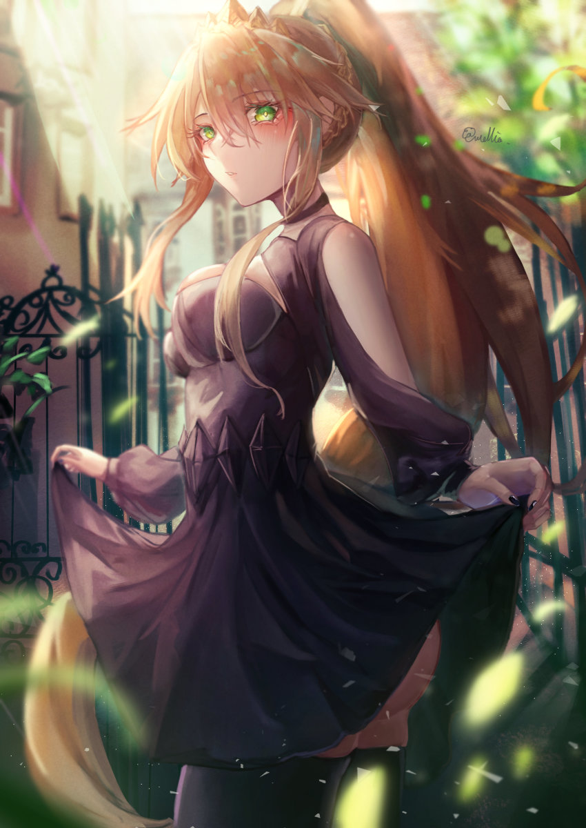 1girl, absurdres, artoria_pendragon_(fate), artoria_pendragon_(lancer)_(fate), black_dress, black_nails, blonde_hair, blush