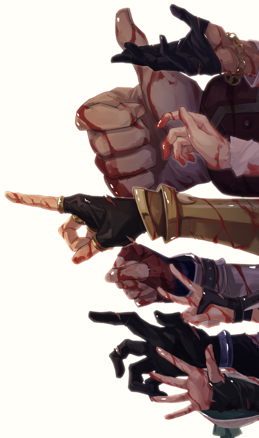 2girls, absurdres, achilles_(fate), bartholomew_roberts_(fate), blood, blood_on_hands, bracelet, charlotte_corday_(fate)