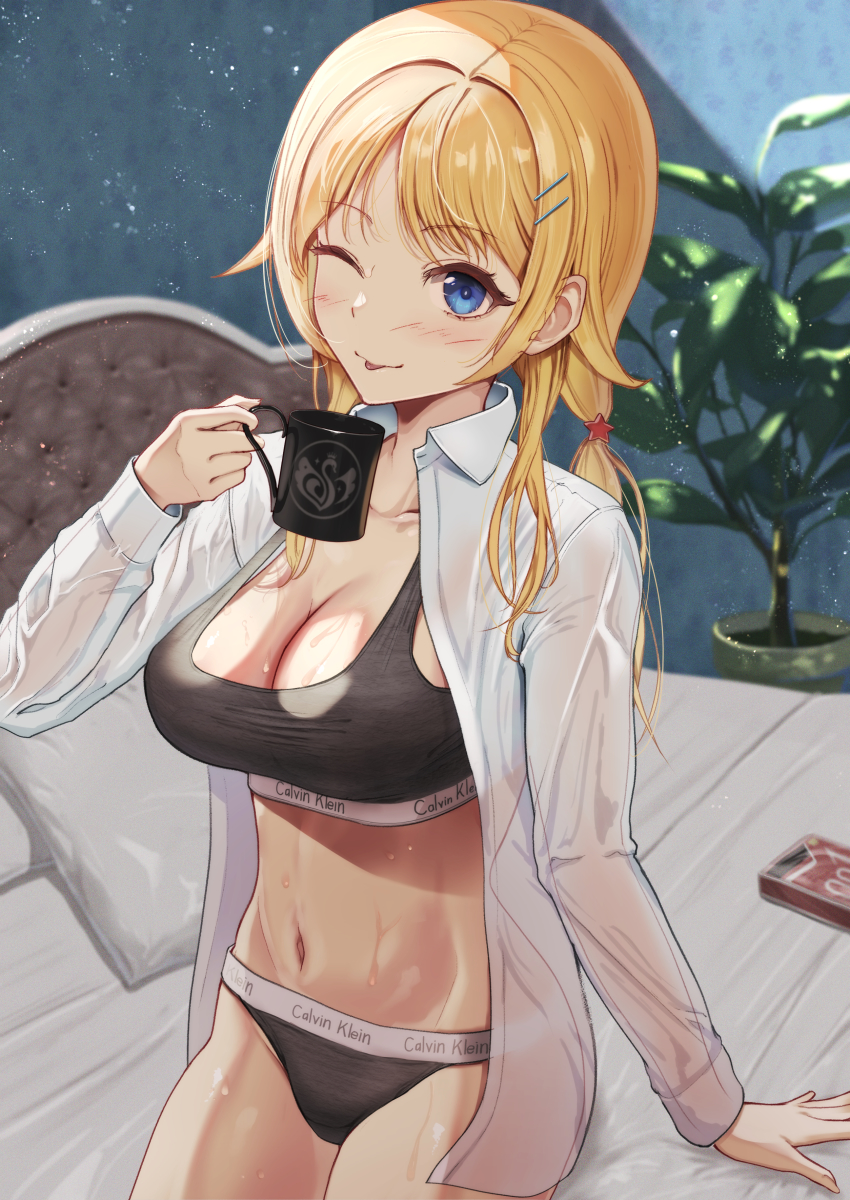 1girl, ;p, absurdres, bed_frame, bed_sheet, black_panties, blonde_hair, blue_eyes