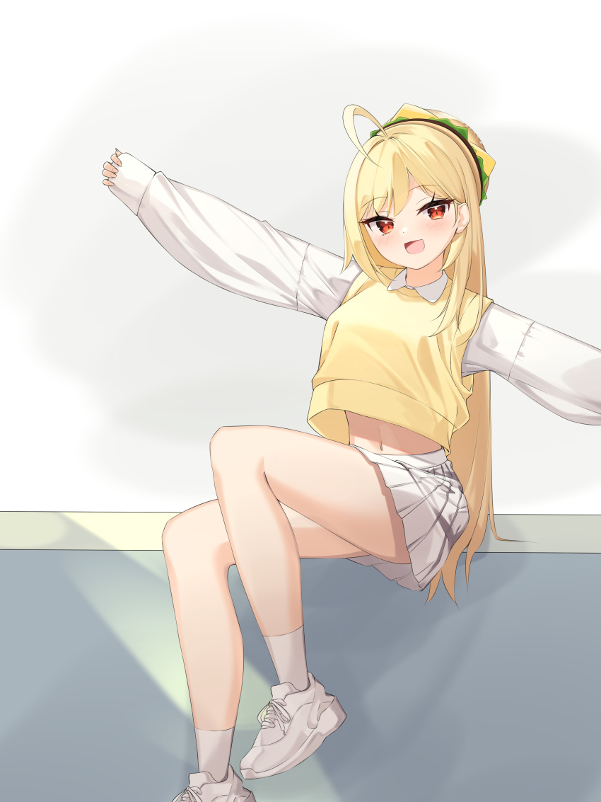 1girl, :d, absurdres, ahoge, bare_legs, blonde_hair, breasts, collared_shirt