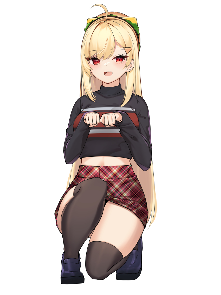 1girl, :d, absurdres, ahoge, black_shirt, black_shoes, black_thighhighs, blonde_hair