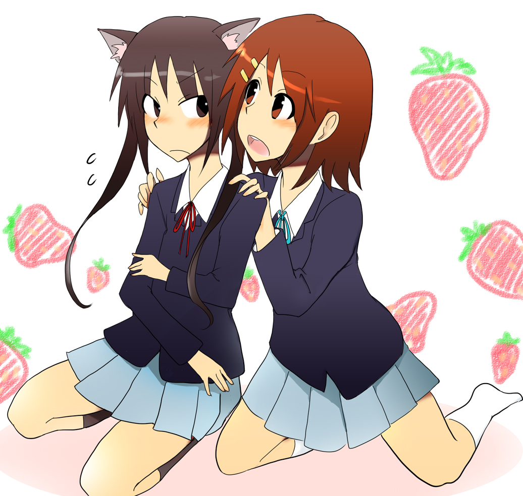 2girls, :d, bad_id, bad_pixiv_id, black_socks, blush, fujiaki_subaru, grey_skirt