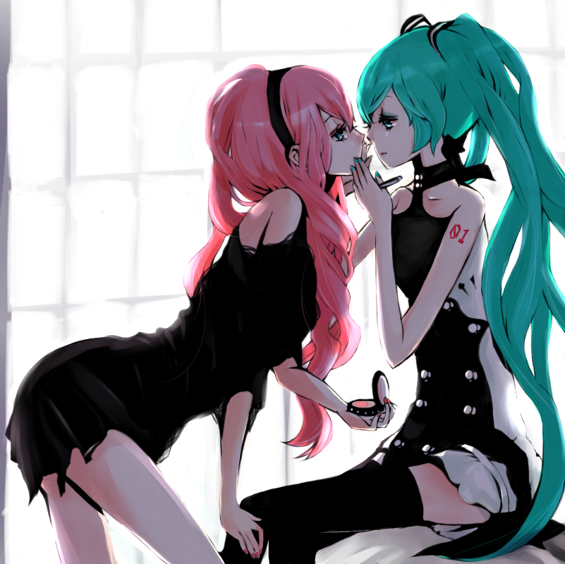 2girls, aqua_eyes, aqua_hair, arm_tattoo, black_legwear, choker, cosmetics, covered_mouth, covering_another's_mouth, crossed_legs, dress, eye_contact, eyelashes, from_side, hairband, hand_on_another's_chin, hand_over_another's_mouth, hatsune_miku, leaning_forward, long_hair, looking_at_another, makeup, megurine_luka, multiple_girls, pink_hair, sitting, standing, tattoo, thighhighs, uni_(nacchan), uni_(pixiv985939), very_long_hair, vocaloid, yuri