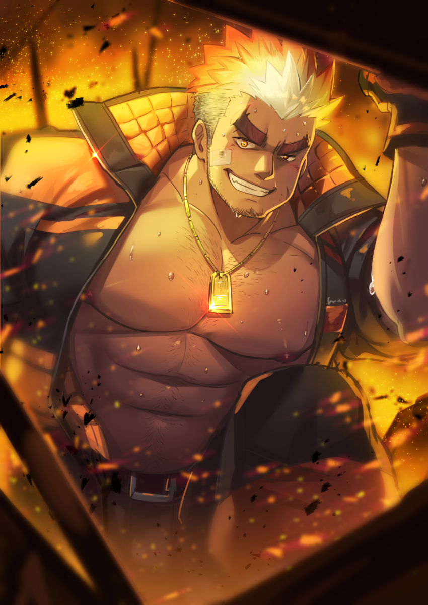 1boy, abs, bandaid, bandaid_on_cheek, bandaid_on_face, bara, belt, black_gloves