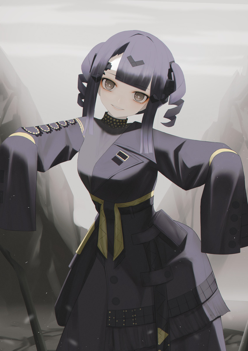 1girl, absurdres, black_dress, black_hair, breasts, dress, drill_hair, girls'_frontline