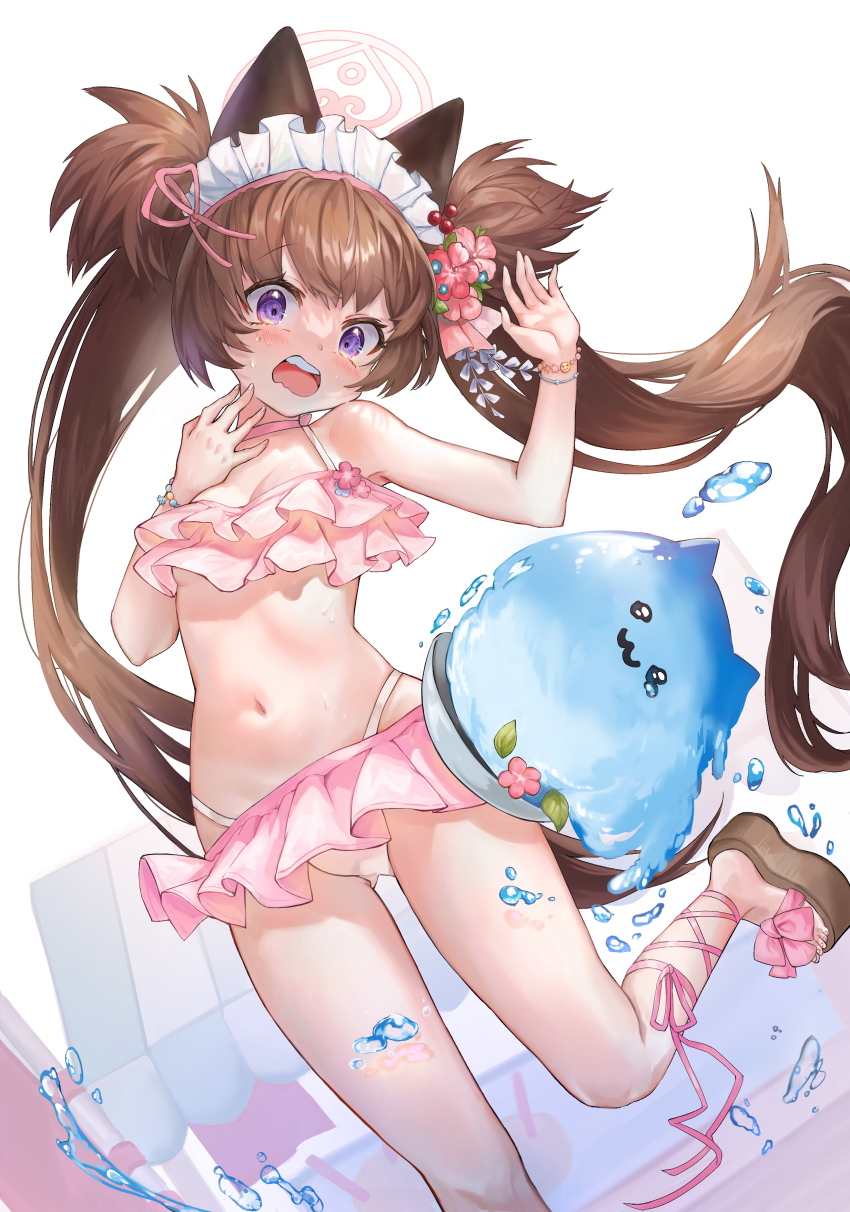 1girl, absurdres, animal_ears, bikini, blue_archive, breasts, brown_hair, flower, hair_flower, hair_ornament, halo, highres, long_hair, maid_headdress, mascot_costume, medium_breasts, navel, open_mouth, picdung, pink_bikini, platform_footwear, purple_eyes, sandals, shizuko_(blue_archive), shizuko_(swimsuit)_(blue_archive), simple_background, swimsuit, twintails, white_background