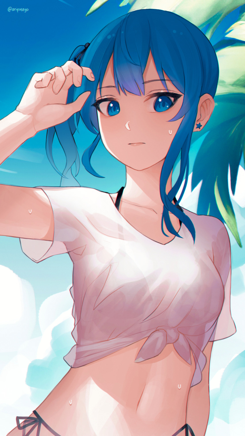 1girl, arifuseyo, bikini, bikini_under_clothes, black_bikini, blue_eyes, blue_hair, blue_sky, closed_mouth, collarbone, day, earrings, highres, hololive, hoshimachi_suisei, jewelry, long_hair, midriff, navel, see-through_clothes, see-through_shirt, shirt, short_sleeves, side-tie_bikini_bottom, side_ponytail, sky, solo, star_(symbol), star_earrings, stomach, summer, sweatdrop, swimsuit, tied_shirt, twitter_username, upper_body, virtual_youtuber, white_shirt