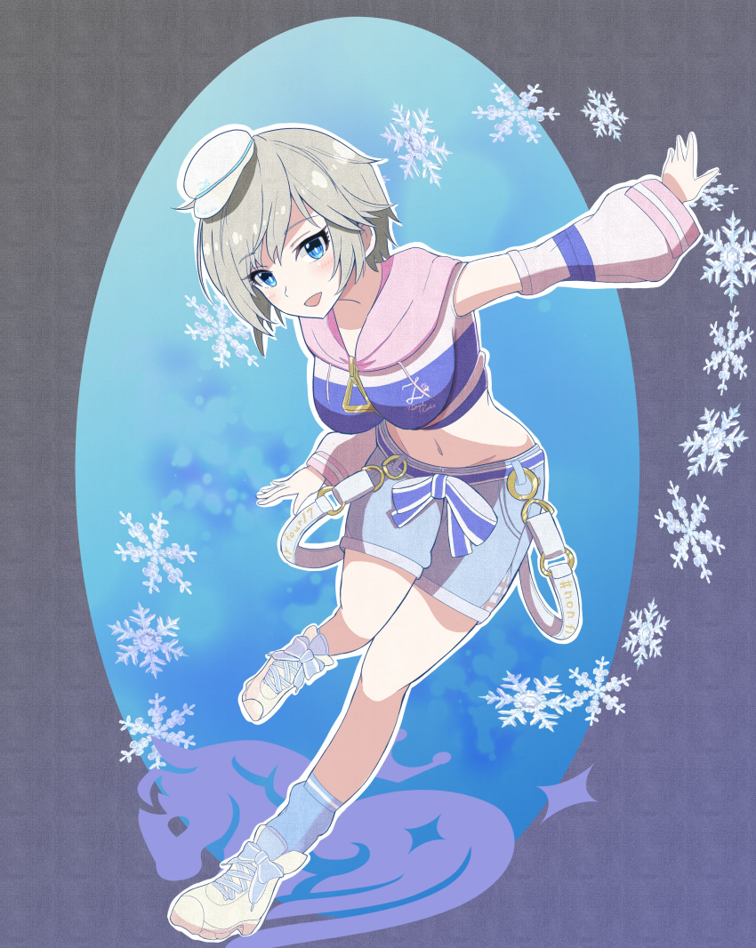 1girl, :d, absurdres, anastasia_(idolmaster), blue_eyes, blue_shorts, blue_socks, blush, breasts, crop_top, detached_sleeves, full_body, grey_hair, groin, hat, highres, idolmaster, idolmaster_cinderella_girls, kneehighs, long_sleeves, medium_breasts, midriff, mini_hat, mk_ii_(maebrasan), navel, open_mouth, outline, shoes, short_hair, short_shorts, shorts, smile, sneakers, socks, solo, stomach, white_hat, white_shoes, white_sleeves