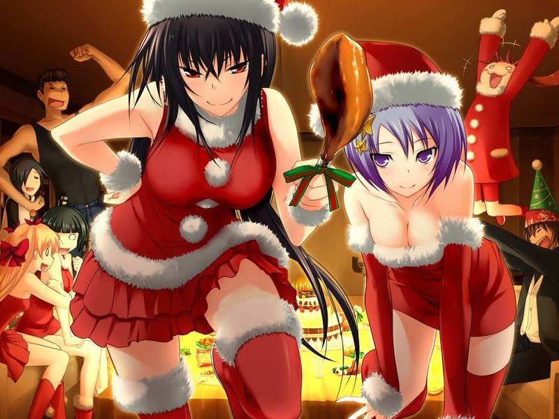 3boys, 5girls, arm_up, arms_up, bare_arms, black_hair, blank_eyes, blonde_hair, boots, bow, breasts, brown_hair, cake, christiane_friedrich, christmas, cleavage, closed_mouth, detached_sleeves, dress, floating_hair, food, fur-trimmed_boots, fur-trimmed_dress, fur-trimmed_headwear, fur-trimmed_sleeves, fur_trim, game_cg, gloves, hair_between_eyes, hair_bow, hand_on_own_hip, hat, holding, holding_food, indoors, kawagishi_keitarou, kawakami_kazuko, kawakami_momoyo, layered_skirt, leaning_forward, long_hair, long_sleeves, maji_de_watashi_ni_koi_shinasai!, mayuzumi_yukie, medium_breasts, miniskirt, morooka_takuya, multiple_boys, multiple_girls, naoe_yamato, party, purple_eyes, purple_hair, red_bow, red_dress, red_eyes, red_footwear, red_headwear, red_shirt, red_skirt, red_sleeves, red_socks, red_thighhighs, santa_costume, santa_hat, shiina_miyako, shirt, short_dress, short_hair, skirt, sleeveless, sleeveless_shirt, smile, socks, strapless, strapless_dress, tadakatsu_minamoto, thigh_boots, thighhighs, tube_dress, very_long_hair, white_gloves, wrist_cuffs, zettai_ryouiki