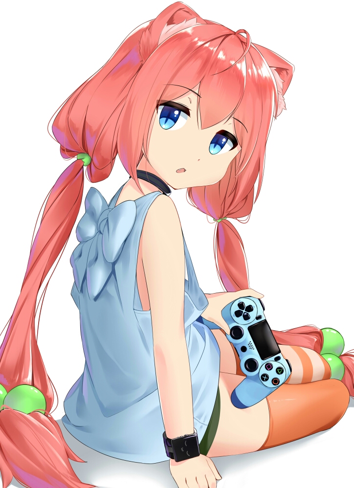 :o, ahoge, animal_ear_fluff, animal_ears, arm_support, asymmetrical_legwear, bare_arms, black_choker