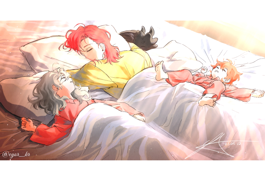 1girl, 3boys, artist_name, barefoot, bed_sheet, border, brother_and_sister, cale_henituse