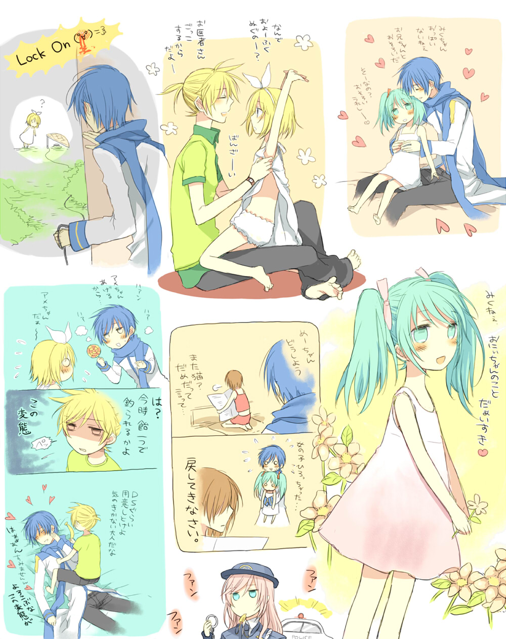 2boys, 4girls, bad_id, bad_pixiv_id, banana, bloomers, blue_scarf, blush