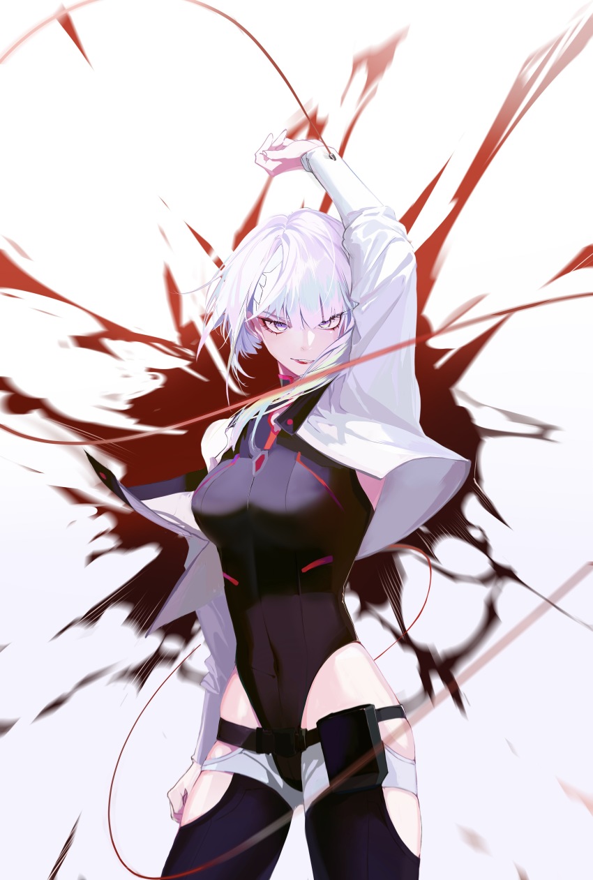 >:), 1girl, absurdres, arm_at_side, arm_up, asymmetrical_hair, belt, black_leotard, black_thighhighs, blood, blood_splatter, blunt_bangs, chinese_commentary, commentary_request, covered_navel, cowboy_shot, cropped_jacket, cyberpunk_(series), cyberpunk:_edgerunners, eyeshadow, highres, jacket, leotard, looking_at_viewer, lucy_(cyberpunk), makeup, motion_blur, off_shoulder, outstretched_arm, parted_lips, purple_eyes, purple_hair, red_eyeshadow, red_lips, short_hair_with_long_locks, simple_background, single_bare_shoulder, single_sidelock, skindentation, smile, solo, standing, thighhighs, v-shaped_eyebrows, white_background, white_jacket, xiayabaier