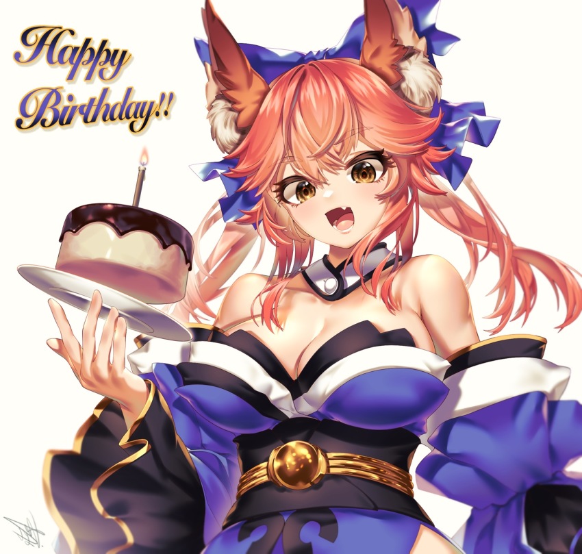1girl, acuma, animal_ear_fluff, animal_ears, birthday, birthday_cake, blue_bow, blue_kimono