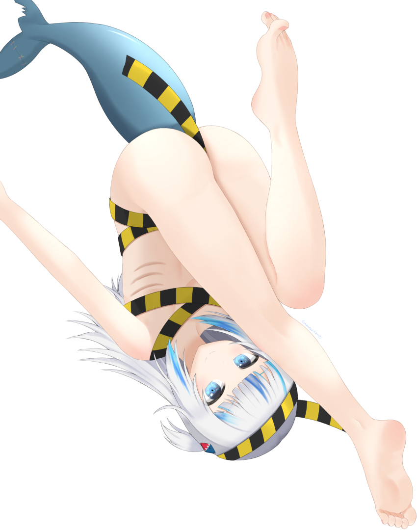 1girl, absurdres, ass, barefoot, blue_eyes, blunt_bangs, caution_tape, censored_nipples