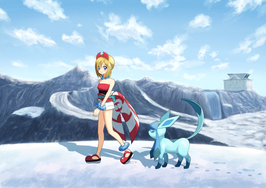 1girl, anklet, asama_fumi, blonde_hair, blue_eyes, bracelet, closed_mouth, cloud